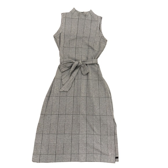 Banana Republic Glen Plaid Mock Neck Sleeveless Midi Dress Belted Black White 10 - Picture 2 of 8